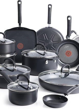 T-Fal Ultimate Hard Anodized Nonstick Cookware Set 17 Piece, Nonstick Pots and Pans Set with Fry Pan, Saucepans, Saute-Pan, Griddle, Dishwasher Safe, Black