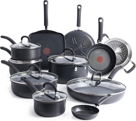 T-Fal Ultimate Hard Anodized Nonstick Cookware Set 17 Piece, Nonstick Pots and Pans Set with Fry Pan, Saucepans, Saute-Pan, Griddle, Dishwasher Safe, Black