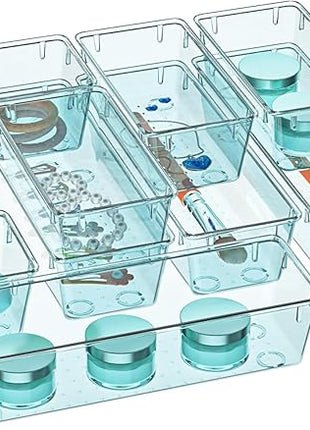 WOWBOX 12 Pack Clear Drawer Organizer Set, Acrylic Drawer Storage Trays, Storage Bins for Makeup, Cosmetics, Jewelries, Utensils, Gadgets, Office, Sea Blue