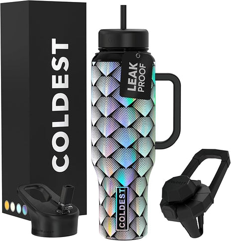 Coldest Tumbler with Handle and Straw, 100% Leak Proof Insulated Tumbler with Lid and Straw (3 Lids), Stainless Steel Tumblers for Women & Men, Cup Holder Friendly Base, 46 oz (Moonlight Dragon)