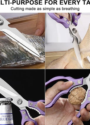 CGBE Kitchen Scissors All Purpose Heavy Duty, Ultra Sharp Stainless Steel Kitchen Shears Dishwasher Safe, Cooking Shears for Chicken, Poultry, Fish, Meat, Herbs & Grapes with Non-Slip Grips - Purple