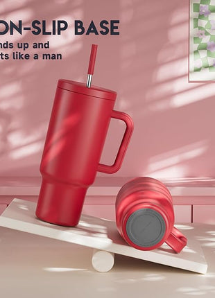 Meoky 40 oz Tumbler with Handle and Straw: Stainless Steel Insulated Tumbler with Lid and Straw - 100% Leak Proof Tumbler for Car Cup Holders - Travelers Commuters Workers, Red