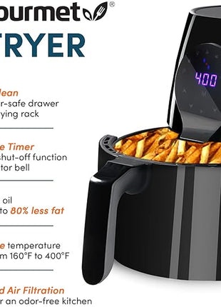Elite Gourmet EAF5317D Digital 5.3Qt Hot Air Fryer 7 Menu Functions 1350W Oil-Less Healthy Cooker, Timer & Temperature Controls, PFOA/PTFE Free, Black