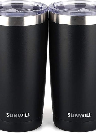 SUNWILL Travel Coffee Mug with Lid, 20 oz Tumbler Set of 2, Insulated Stainless Steel Cup for Water, Tea, Ice, Powder Coated Black 2 pack