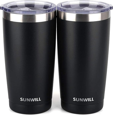 SUNWILL Travel Coffee Mug with Lid, 20 oz Tumbler Set of 2, Insulated Stainless Steel Cup for Water, Tea, Ice, Powder Coated Black 2 pack