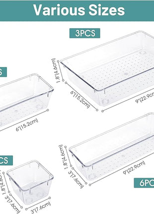 WOWBOX 25 PCS Clear Plastic Drawer Organizer Set, 4 Sizes Desk Drawer Divider Organizers and Storage Bins for Makeup, Jewelry, Gadgets for Kitchen, Bedroom, Bathroom, Office