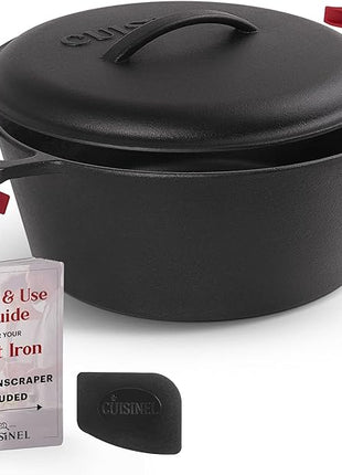Cuisinel Cast Iron Dutch Oven - 7-Quart Deep Pot + Lid + Pan Scraper + Handle Covers - Large Pre-Seasoned Cooker for Baking Bread, Soup, Frying - Indoor/Outdoor Kitchen, Camping, Fire, BBQ Safe