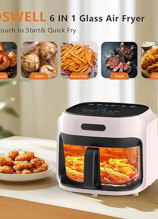 Glass Air Fryer, 7.6QT with Transparent Fry Bowl, Circulating Heating, Temperature Control, Air Fryer Roast, Dishwasher Safe (Pink)
