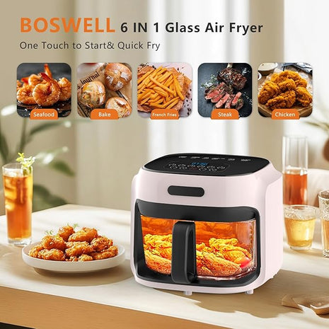 Glass Air Fryer, 7.6QT with Transparent Fry Bowl, Circulating Heating, Temperature Control, Air Fryer Roast, Dishwasher Safe (Pink)