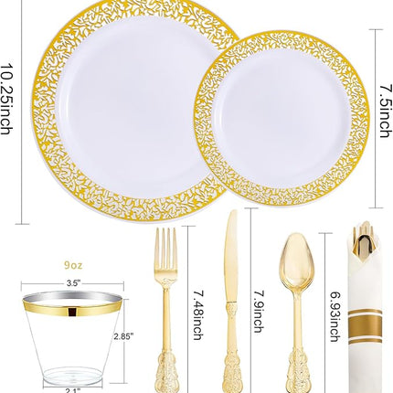 DaYammi 210 PCS Gold Plastic Plates, Gold Plastic Dinnerware Sets, Includes: 30 Dinner Plates, 30 Salad Plates, 30 Pre Rolled Napkins with Gold silverware,30 Cups 9 OZ, Perfect for Wedding and Party