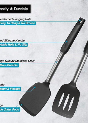 Silicone Spatula and Cooking Spoon,5 Pack Non-Stick Cooking Utensils for Kitchen，Heat Resistant Solid & Slotted Spoons and Spatulas, Stainless Steel Handle Coated with Silicone,Black