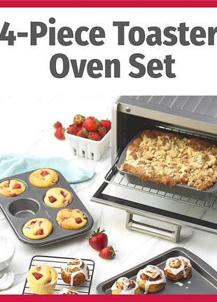 GoodCook 4-Piece Nonstick Steel Toaster Oven Set with Sheet Pan, Rack, Cake Pan, and Muffin Pan, Gray, 4-Piece Set Distributes Heat Evenly, Nonstick Coating, Dishwasher-Safe