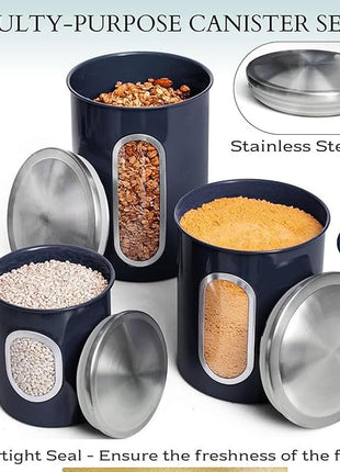 Mixpresso 3-Piece Blue Canisters Sets For The Kitchen, Airtight Canister Set With See Through Window, Storage Jars for Coffee Container, Tea Organizer & Sugar Canister, Blue Kitchen Canisters