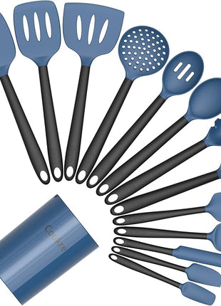 Coukre Silicone Kitchen Cooking Utensils Set with Holder – Heat-Resistant, Food-Grade Kitchen Tools, Spatula, Spoon & Gadgets for Non-Stick Pans, Dishwasher Safe (14, DarkBlue)