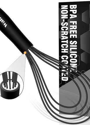 Walfos Silicone Flat Whisk,11inch Flat Whisk Non Scratch Coated Flat Whisks for Cooking.Great for Ceramic Coated pans and Wider shallower pots.Black