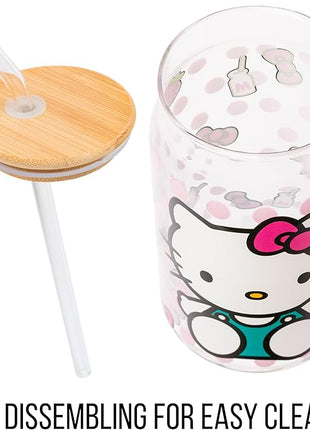 Silver Buffalo Sanrio Hello Kitty Strawberry Milk Bow Pink Polka Dot Glass Jar Tumbler with Bamboo Lid and Glass Straw, 16 Ounces (Pack of 12)