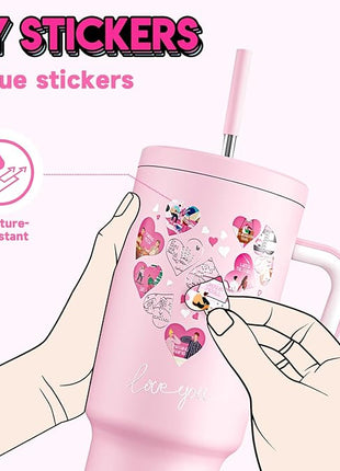 Meoky 40 oz Tumbler with Handle for Couples: Stainless Steel Insulated Tumbler with 24 Waterproof Love Stickers - Girlfriend Boyfriend Wife Husband, Love You