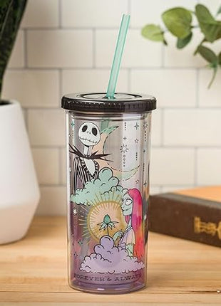 Silver Buffalo Disney Nightmare Before Christmas “Forever and Always” Featuring Jack Skellington and Sally Plastic Tall Cold Cup with Lid and Straw, 20 Ounces