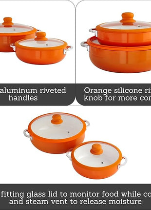 IMUSA USA 2 Piece Orange Ceramic Interior Caldero Set with Orange Silicone Rim and Glass Lid
