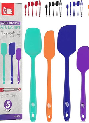 Kaluns Silicone Spatula Set, 4 Rubber Spatulas 600°F Heat Resistant, Nonstick Seamless Design with Stainless Steel Core, Dishwasher Safe, BPA free, Bonus Tongs Included