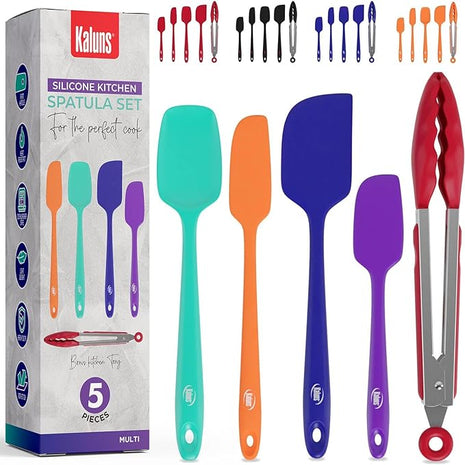 Kaluns Silicone Spatula Set, 4 Rubber Spatulas 600°F Heat Resistant, Nonstick Seamless Design with Stainless Steel Core, Dishwasher Safe, BPA free, Bonus Tongs Included