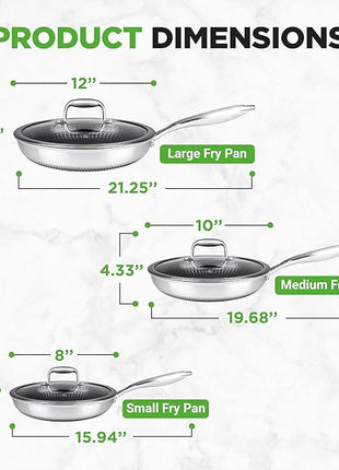 NutriChef 6-Piece Tri-Ply Stainless Steel Frying Pan Set – 8", 10", 12" Non-Stick Skillets with Lids, Induction Compatible, Oven Safe, Scratch-Resistant, Dishwasher Safe