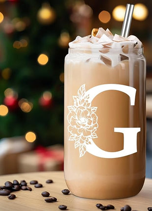 Coolife Initial Glass Cup, Monogrammed Gifts for Women, 16 oz Glass Cups w/Lids Straws, Iced Coffee Smoothie Beer Tumbler w/Straw Lid - Personalized Christmas, Birthday Gifts for Her Mom Friend Woman