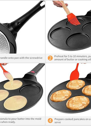 Pancake Pan Nonstick-Suitable for All Stovetops & Induction Cooker, 10.5 Inch Mini Silver Dollar Grill Blini Griddle Crepe Pan, 4 Molds Cake Egg Skillet, 100% PFOA Free Coating