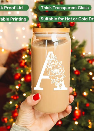 Coolife Initial Glass Cup, Monogrammed Gifts for Women, 16 oz Glass Cups w/Lids Straws, Iced Coffee Smoothie Beer Tumbler w/Straw Lid - Personalized Christmas, Birthday Gifts for Her Mom Friend Woman
