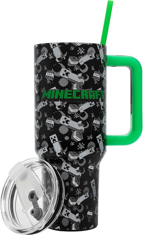Bioworld Minecraft Creeper & TNT 40 Oz Black Stainless Steel Tumbler With Handle