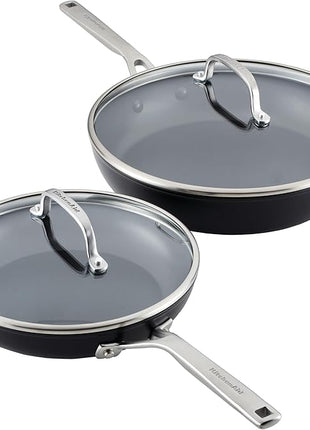 KitchenAid Hard Anodized Induction Nonstick Frying Pan Set With Tempered Lids, 4-Piece - 10 & 12 Inch – Durable, Even Heating, Oven Safe to 500°F, Dishwasher Safe, Easy-Clean