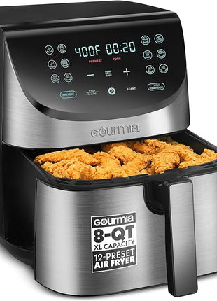 Gourmia Air Fryer - 8 Qt Extra Large Capacity, FryForce360º, Digital Display with 12 Presets, Roast, Bake, Broil, Dehydrate, Dishwasher Safe Accessories, Stainless Steel
