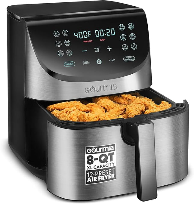 Gourmia Air Fryer - 8 Qt Extra Large Capacity, FryForce360º, Digital Display with 12 Presets, Roast, Bake, Broil, Dehydrate, Dishwasher Safe Accessories, Stainless Steel