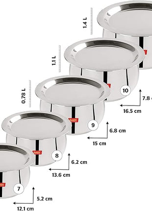 Sumeet Stainless Steel Belly Shape 5 Pc Tope/Cookware/Pot Set with Lid 380ML, 500ML, 780ML, 1.1Ltr, 1.4Ltr, (Silver)