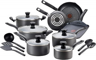 T-fal Initiatives Nonstick Cookware Set 18 Piece, Oven Broiler Safe 350F, Kitchen Cooking Set w/Fry Pans, Saucepans, Stockpots, Skillet, Spoons, Lids Pots and Pans Set Non Stick Dishwasher Safe Black