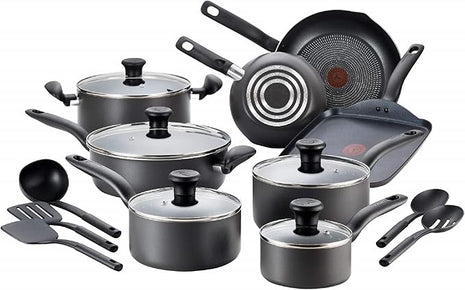T-fal Initiatives Nonstick Cookware Set 18 Piece, Oven Broiler Safe 350F, Kitchen Cooking Set w/Fry Pans, Saucepans, Stockpots, Skillet, Spoons, Lids Pots and Pans Set Non Stick Dishwasher Safe Black