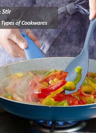 2 Pack Large Silicone Cooking Spoon, Non-Stick Slotted and Solid Spoon set with Deep Bolw- Measurement Mark for Mixing, Serving, Scooping, Scraping, Heat Resistant Kitchen Utensils, Starry Blue