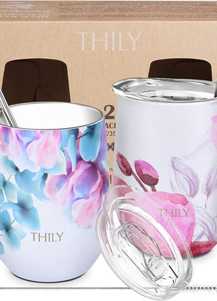 THILY Vacuum Insulated Stemless Wine Tumbler 12 oz Stainless Steel Wine Glass with Lid and Straw, Keep Cold or Hot for Coffee, Cocktails, 2 Pack(Pink Lilies + Lotus Flower)