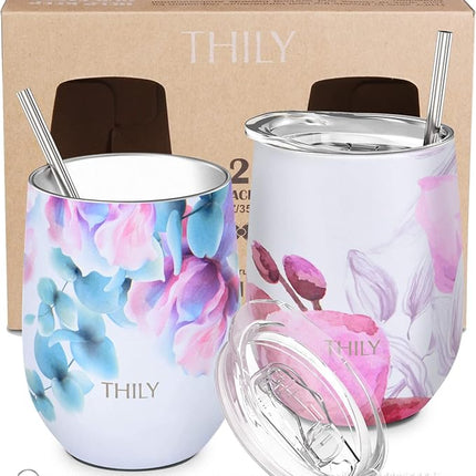 THILY Vacuum Insulated Stemless Wine Tumbler 12 oz Stainless Steel Wine Glass with Lid and Straw, Keep Cold or Hot for Coffee, Cocktails, 2 Pack(Pink Lilies + Lotus Flower)