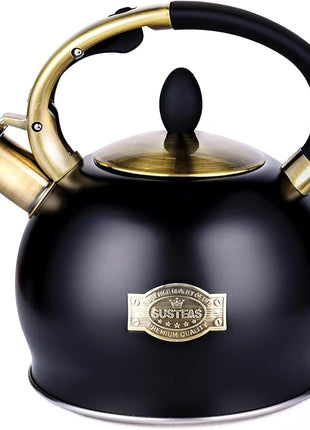 SUSTEAS Stove Top Whistling Tea Kettle - Food Grade Stainless Steel Teakettle Teapot with Cool Touch Ergonomic Handle, With 1 Silicone Pinch Mitt Included, 2.64 Quart(BLACK)