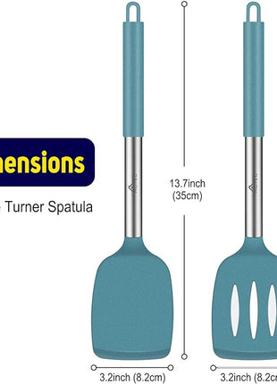 HOTEC Silicone Spatula Set of 2 Heat-Resistant 600°F & BPA-Free Kitchen SaptulaTurner with Stainless Steel Handles, Slotted & Solid Spatulas for Nonstick Cookware, 13.7 Inch, Blue