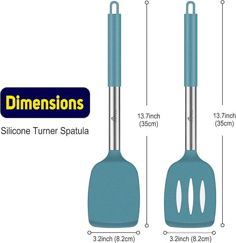 HOTEC Silicone Spatula Set of 2 Heat-Resistant 600°F & BPA-Free Kitchen SaptulaTurner with Stainless Steel Handles, Slotted & Solid Spatulas for Nonstick Cookware, 13.7 Inch, Blue