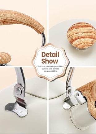 Tea Kettle Stovetop, 2.6Qt Whistling Tea Pots for Stove Top, Heat-resistant Folding Handle，Cute Teapot(Beige)