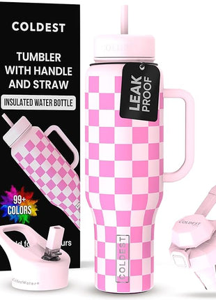 Coldest Tumbler with Handle and Straw - 100% Leak Proof Insulated Tumbler with Lid and Straw (3 Lids) - Stainless Steel Tumblers for Women & Men - Cup Holder Friendly Base, 46 oz (Pink Checkers)