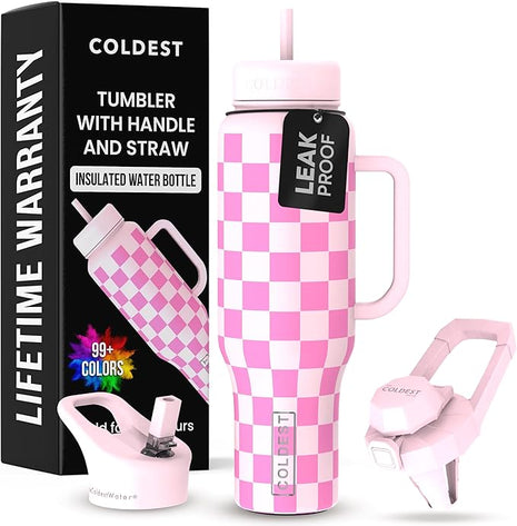 Coldest Tumbler with Handle and Straw - 100% Leak Proof Insulated Tumbler with Lid and Straw (3 Lids) - Stainless Steel Tumblers for Women & Men - Cup Holder Friendly Base, 46 oz (Pink Checkers)