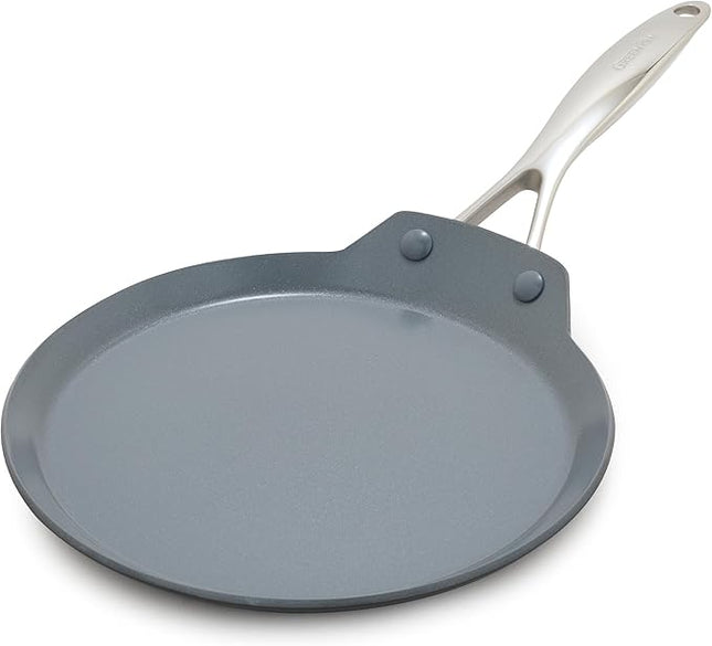 GreenPan Valencia Pro 9.5" Nonstick Crepe Pan, PFAS-Free Ceramic Flat Pancake Skillet, Induction Ready Cookware, Hard Anodized, Dishwasher & Oven Safe, Gray