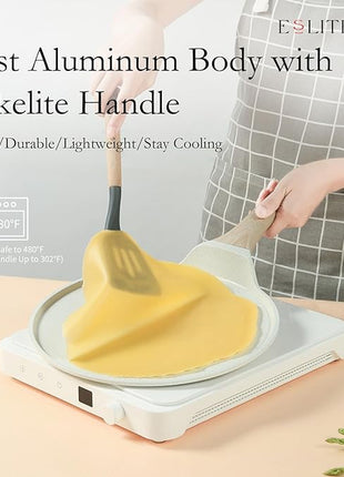 ESLITE LIFE 11 Inch Crepe Pan with Spreader, Nonstick Ceramic Flat Skillet Dosa Tawa Comales Para Tortillas Pancake Pan, PTFE & PFOA Free, White