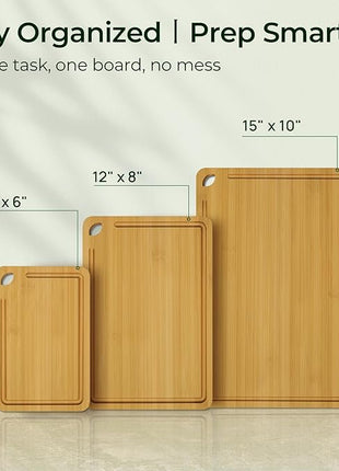 Wood Cutting Board for Kitchen - Reversible Bamboo Cutting Boards Gift Set of 3 with Juice Groove, Wooden Chopping Board for Meat, Fruit, Vegetables & Cheese (Pre Oiled, Natural)
