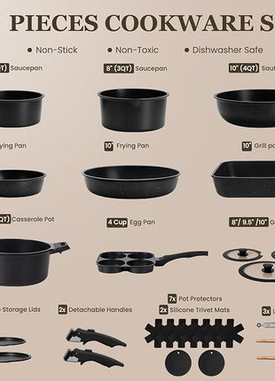 KIKCOIN Pots and Pans Set, 27 Pack Nonstick Cookware Set Detachable Handle, Induction RV Kitchen Cooking Set with Removable Handle, Frying Pans, Casserole - Dishwasher/Oven Safe, PFOA Free