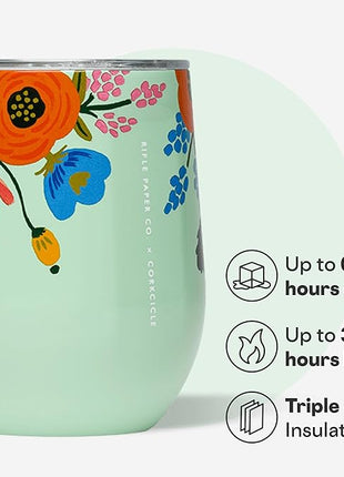 Corkcicle Stemless Insulated Wine Glass Tumbler - Keeps Beverages Cold 6 Hrs Hot 3 Hrs - Stainless Steel - Easy-Grip - Gift for Mom - Great for Mother's Day or Christmas - 12 oz - Mint Lively Floral